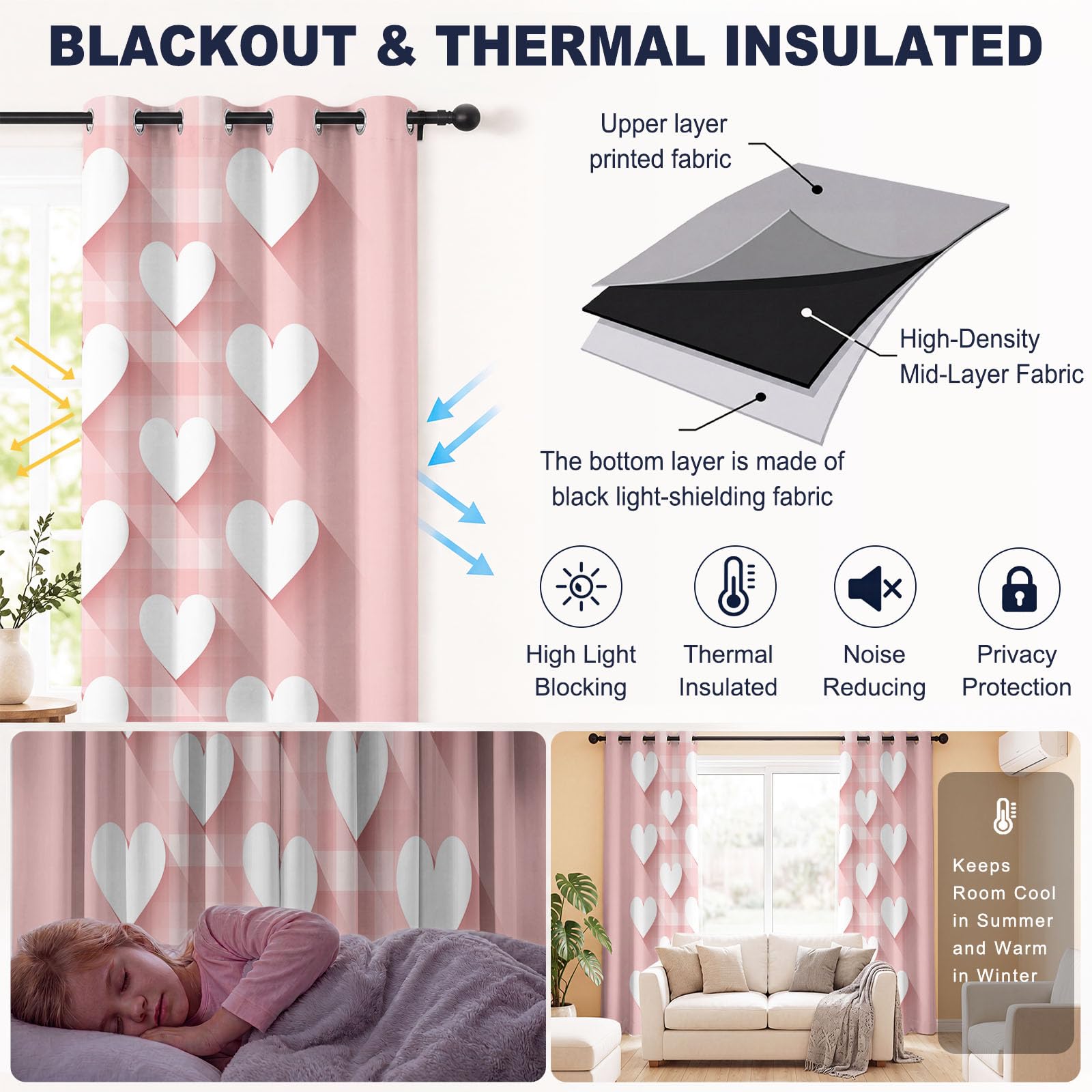 Tende oscuranti foderate con occhielli, isolamento termico 3D, romantiche, per camera da letto, soggiorno, finestra, cuore a quadretti, larghezza 117 x lunghezza 228 cm