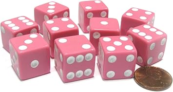 Set of 10 Six Sided Square Opaque 16mm D6 Dice - Pink with White Pip Die