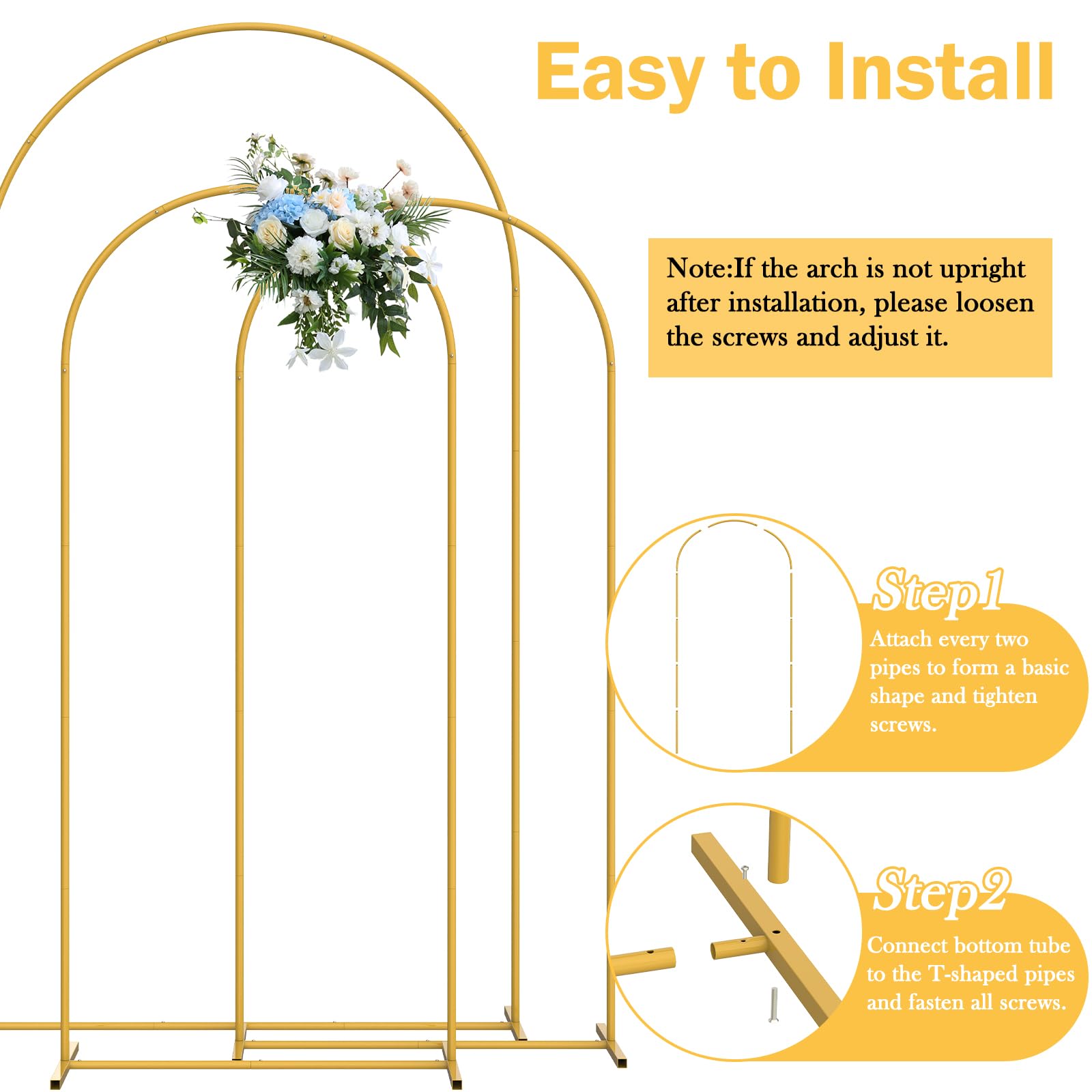 Fogein Wedding Arch Backdrop Stand 7.3FT& 6.6FT& 6.6FT Set of 3ï¼Œ Metal Arch Backdrop Stand for Wedding Ceremony Baby Shower, Outdoor Indoor Birthday Party, Garden Floral Balloon Arch Decoration(Gold)