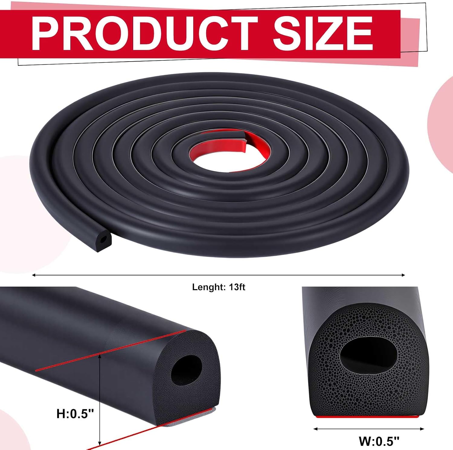Pangda 13ft Foam Rubber D Shape Seal Strip 0.5" W x 0.5" H Self Adhesive EPDM Rubber Weather Stripping RV Slide Out Seal Heavy Duty Automotive Weather Stripping for Car Truck RV Boat Home