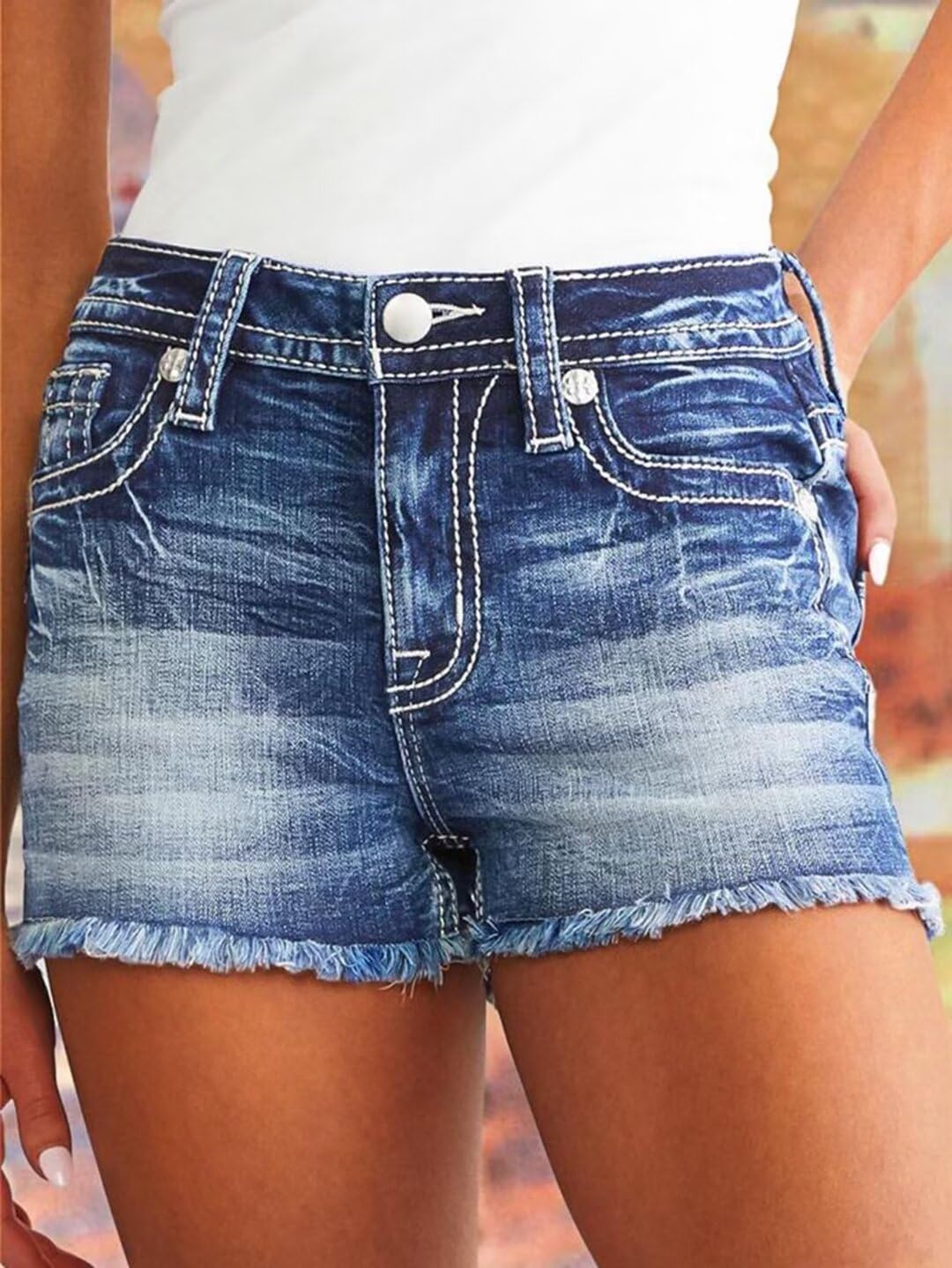 Flamingals Women's Ripped Stretchy Jean Shorts Mid Rise Skinny Denim Shorts Distressed Frayed Raw Hem Casual Summer Shorts
