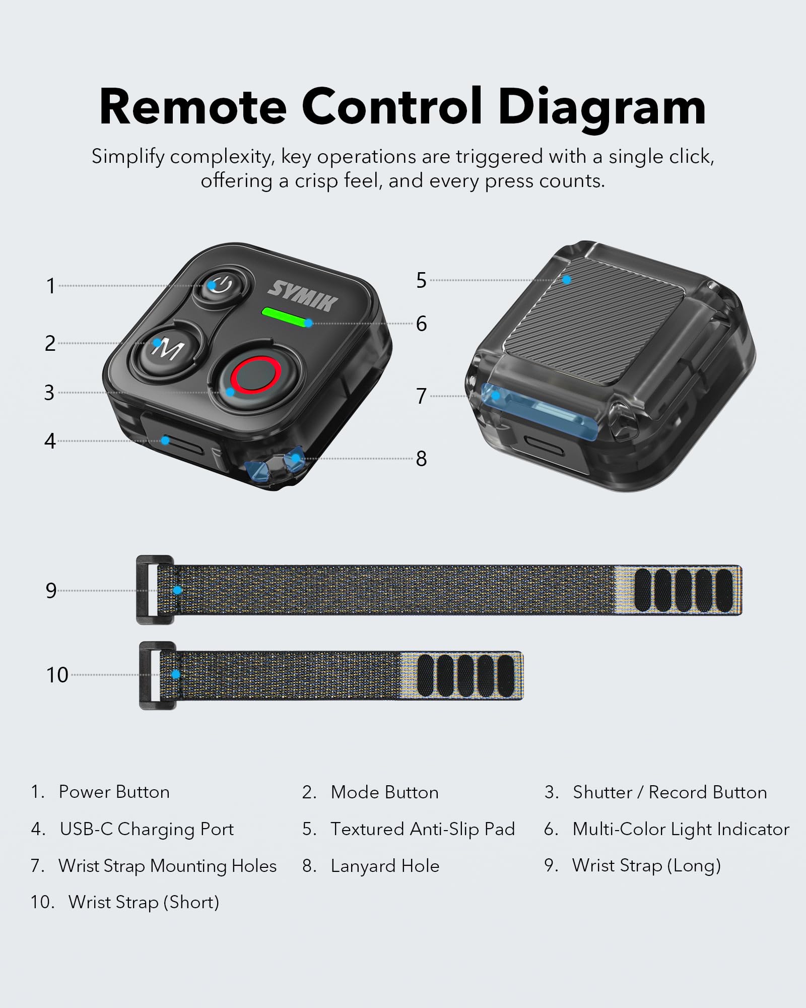 SYMIK Telecomando Universale per Insta360, GoPro, DJI, Smartphone | Controller Bluetooth per Scatto di Action Cam, Resistenza agli Schizzi, Portata 70m, Batteria 120h, Ricarica Type-C