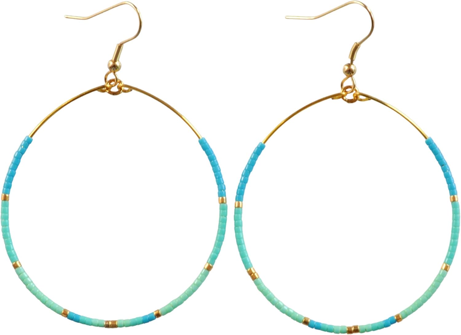 Turquoise Large Teardrop Beaded Hoop Earrings Aqua Mint on Gold-Plated Ear Wires 2.75 inches