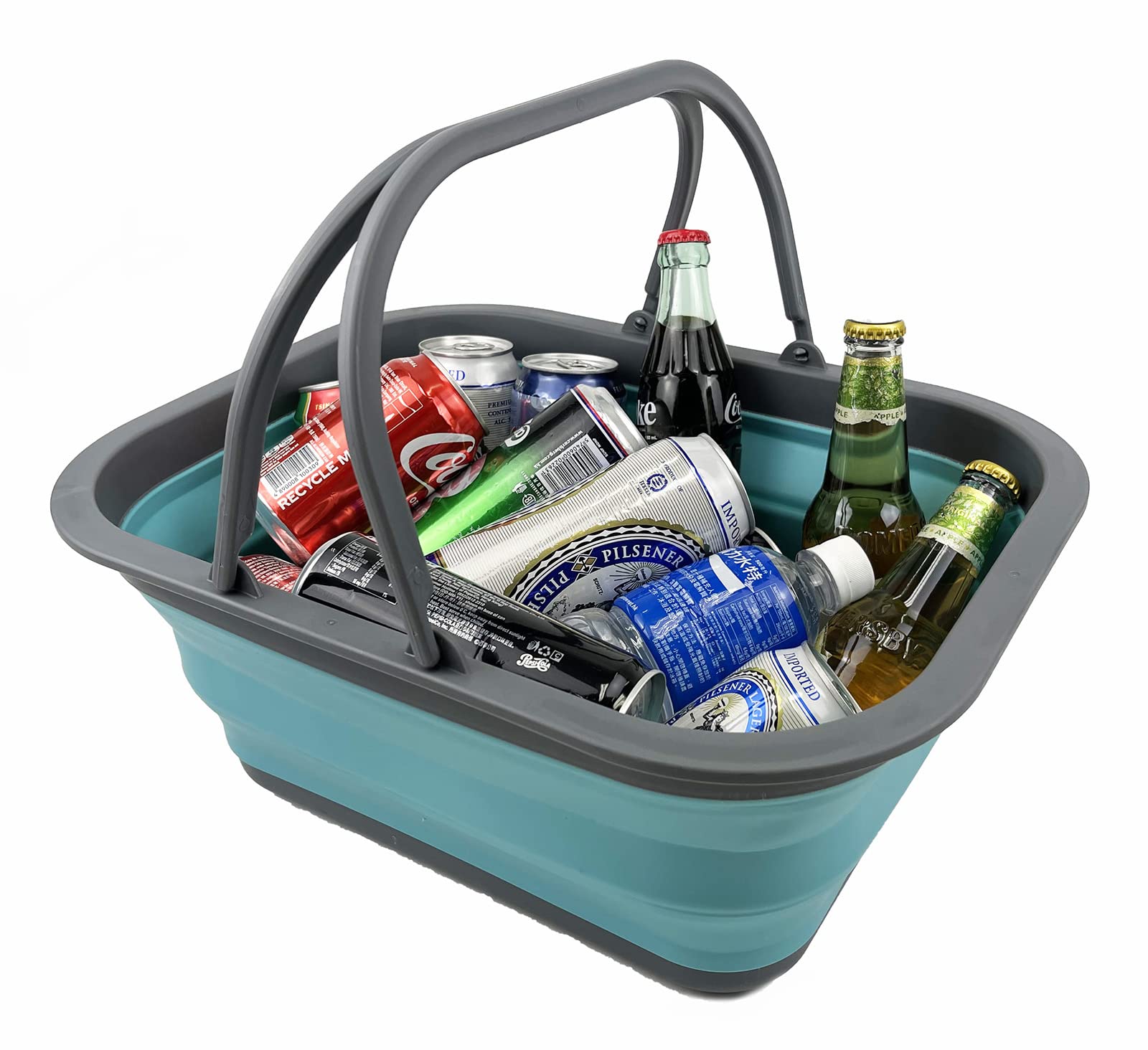 SAMMART Cesta plegable de 15 litros con asa, cesta portátil para picnic al aire libre, bolsa de compras plegable, contenedor de almacenamiento para ahorrar espacio (gris/azul cristal)