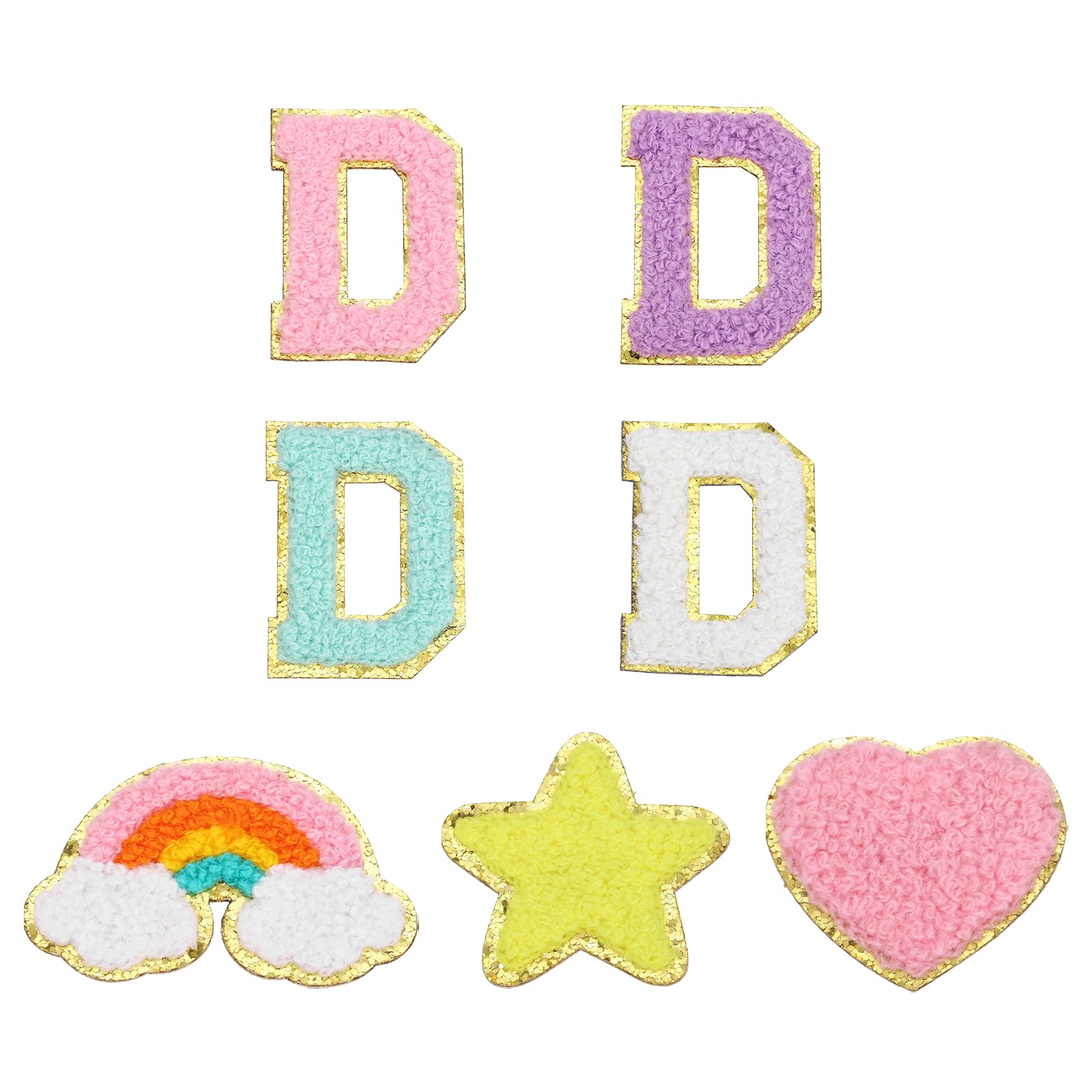 sourcing map 7 Pcs Chenille Patches 2 Inch Letter-D Adhesive Sew or Iron-on Applique Patching with Rainbow Star Heart Smile Embroidered Stickers for DIY Fabric Clothing Hat Bag Shoes