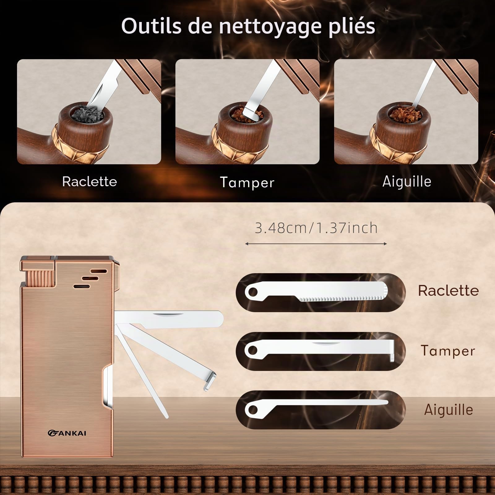 Briquet à pipe avec support de tuyau, outils de nettoyage 3 en 1, briquet rechargeable au butane à flamme douce inclinée, briquet à pipe à fumée, cadeau de fête du