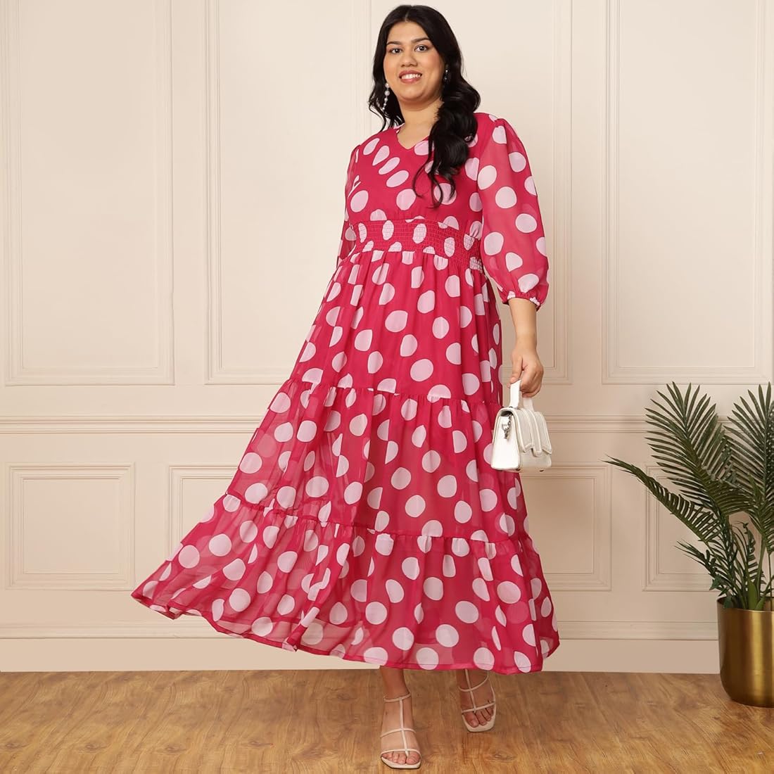Buy DEEBACO Polka Dots Print Georgette Plus Size Tiered Maxi Dress  