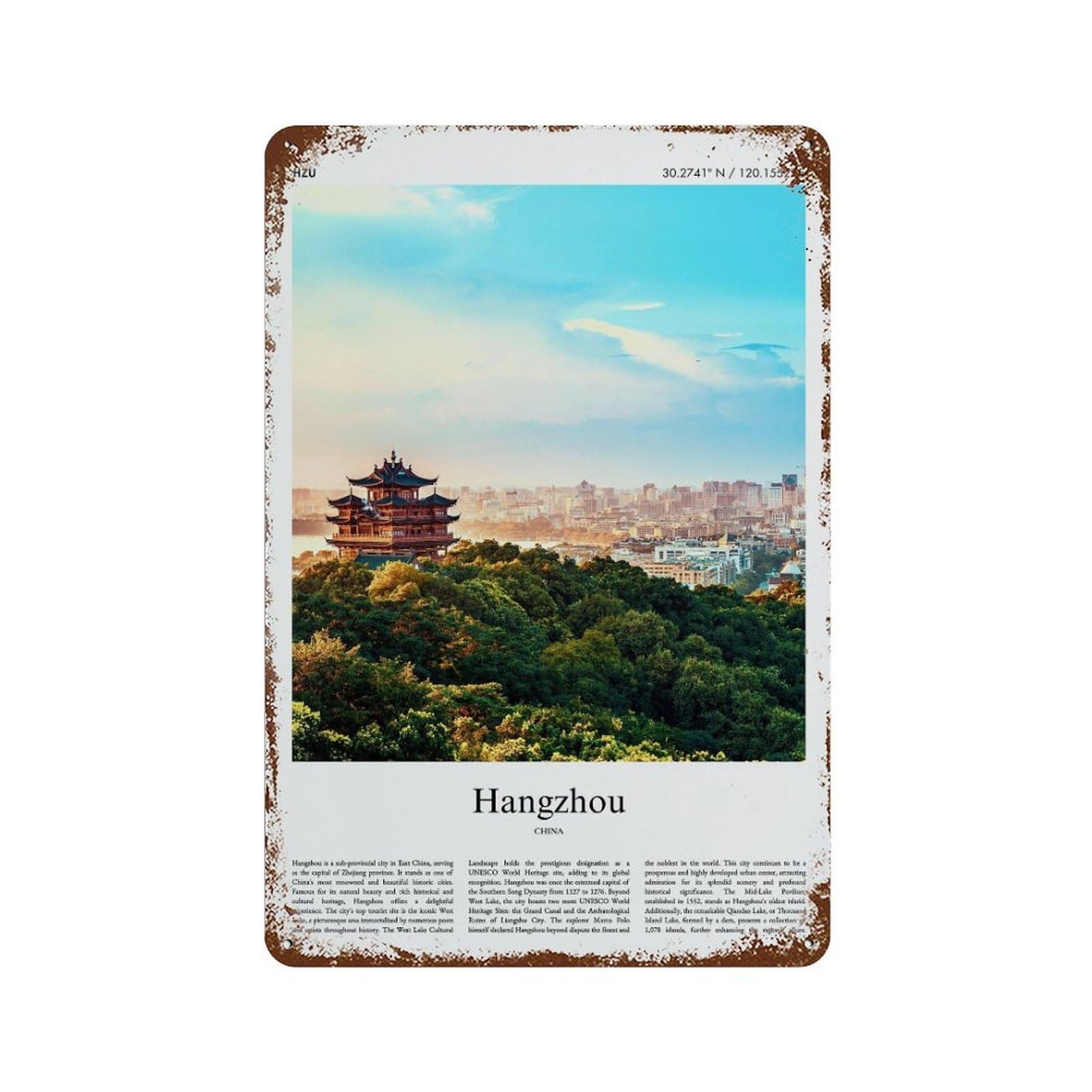 xiaoxiaoshen Hangzhou China City Scenery Wall Decor Art Metal Tin Poster Modern Home Decor Art Home Bar Shop Decorations Vintage Sign 30x20cm