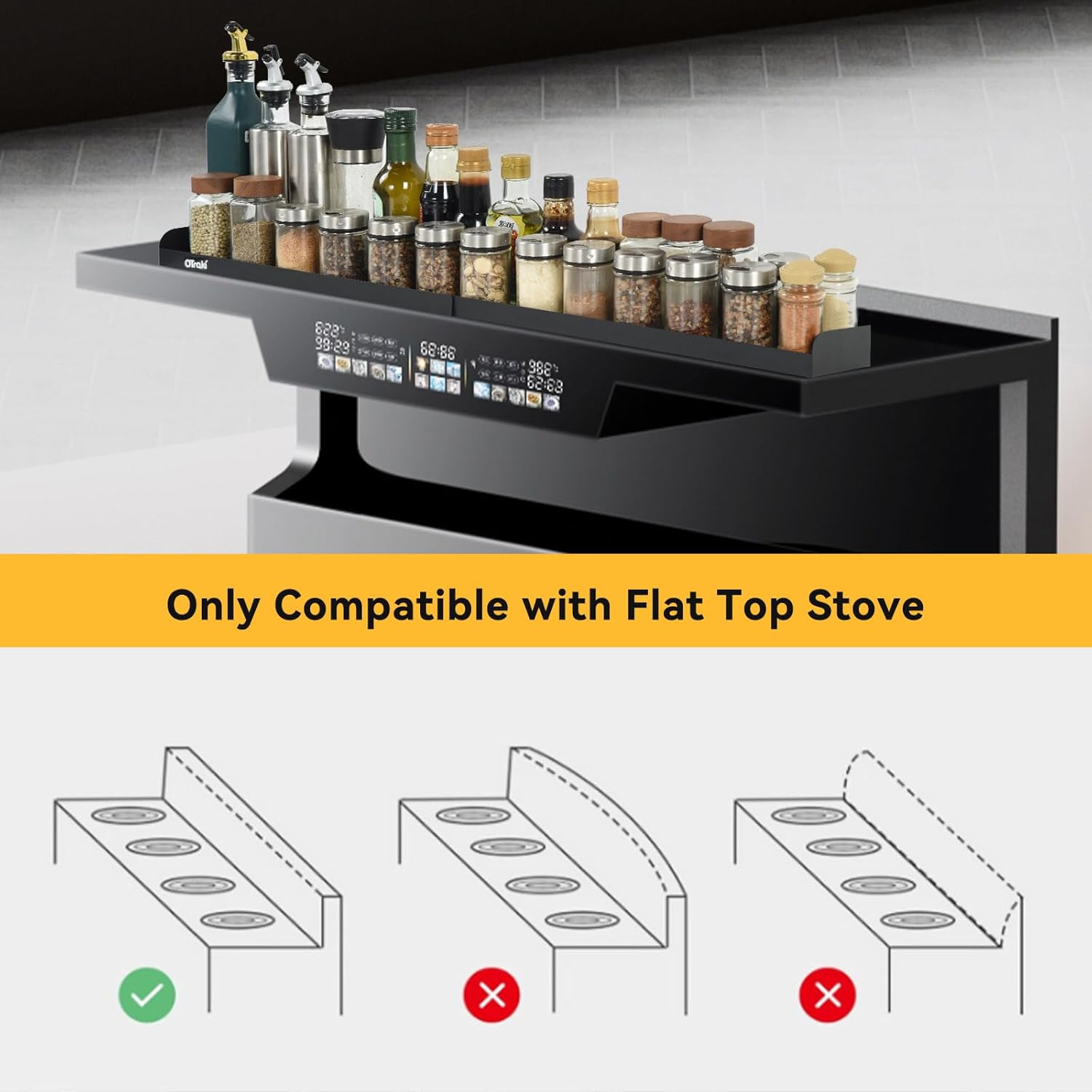 OTraki Magnetic Stove Top Shelf Spice Rack for Stove Adjustable 16-32 inch Over the Stove Shelf Stainless Steel Magnetic Rack Seasoning Organizer with 4 Hook Black