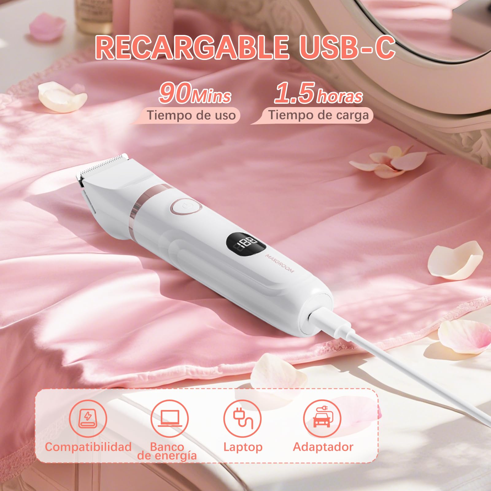 Afeitadora Eléctrica Mujer, MAXGROOM Set de Depiladora Electrica 3 en 1 para Mujer, IPX6 Utilizable en seco/mojado Recortadora Corporal Mujer, Apto para Facial, Cuerpo y Las Zonas íntimas