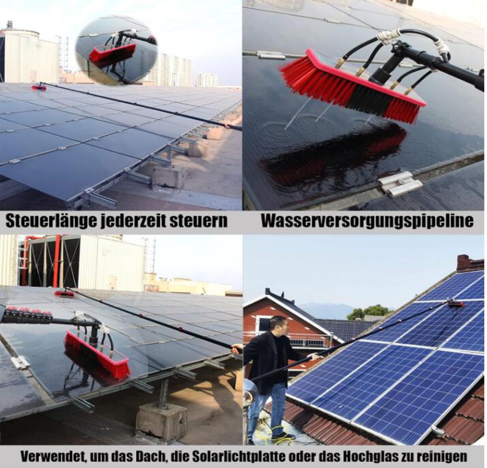 Kit de Cepillo para Limpieza de Paneles solares. Incluye pértiga Extensible de 6 Metros y Cepillo de 55 cm para Limpiar Paneles solares, techos y automóviles. Solución de