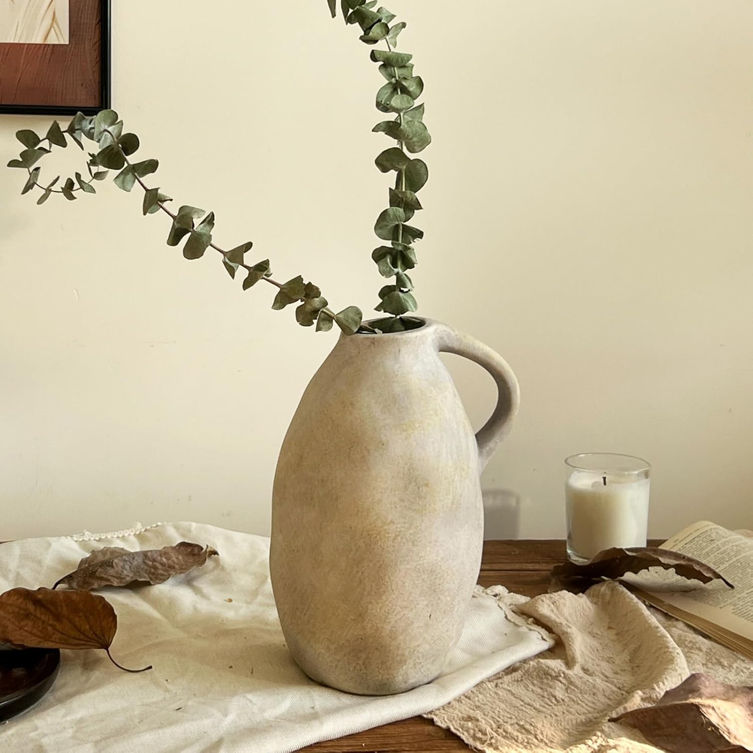 10.3 Inch Rustic Ceramic Handmade Pottery Vase with Handle, White Grey Vintage Farmhouse Vase for Home Decor, Farmhouse Flower Vase for Living Room, Kitchen, Thanksgiving Centerpiece