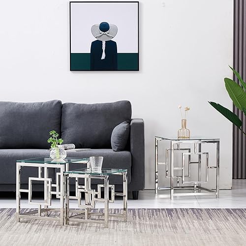 Miniatura 3 de Juego de 3 mesas anidables plateadas cuadradas pequeñas de vidrio templado transparente de acero inoxidable para sala de estar