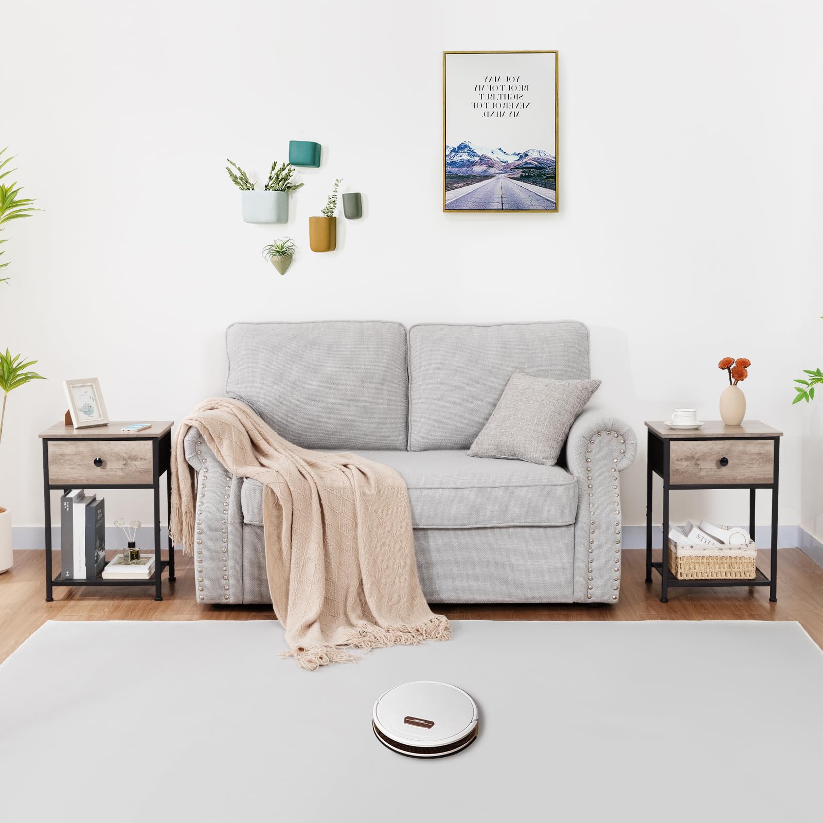 AMHANCIBLE Lot de 2 Tables de Chevet, Tables d'Appoint Industrielles avec Tiroir en Tissu et Étagère de Rangement, Tables de Nuit pour Canapé, Lit Bas, Petit Espace, 30 x 40 x 55 cm Gris HET03SDGY