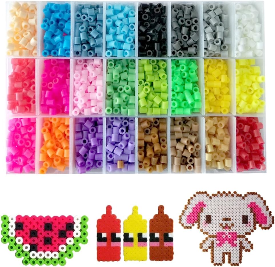 Fuse Beads Kit perler beads- Includes 24-cell 5mm Colored iron fusion beads(5500 beads), a Square and a Five-pointed Star Plate, 5 Ironing Paper,2 Tweezers and 5 Other Small Accessories Beads for Kids