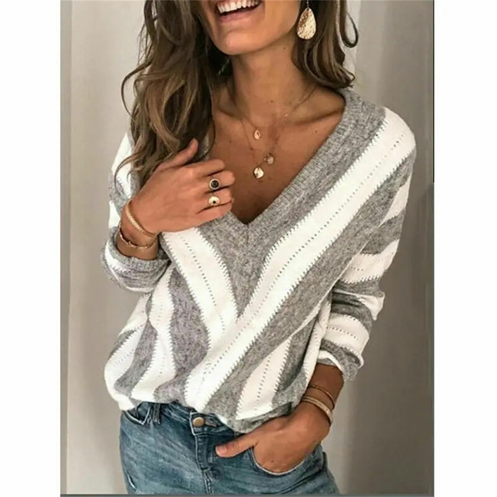 Sweter w paski patchworkowy sweter z dzianiny sweter z dekoltem w serek damski luźny codzienny ciepły sweter-szary-Xl