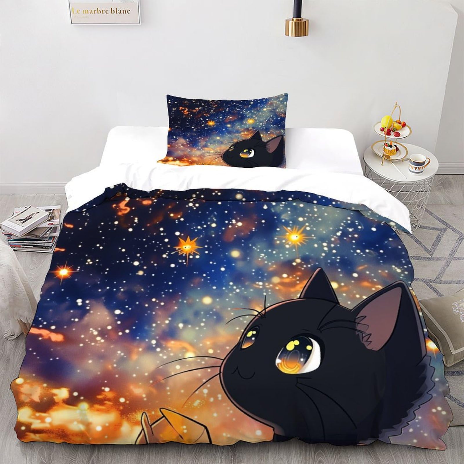 Housse de couette chat noir 2 pièces avec taie d'oreiller lit simple en microfibre douce 135x200cm