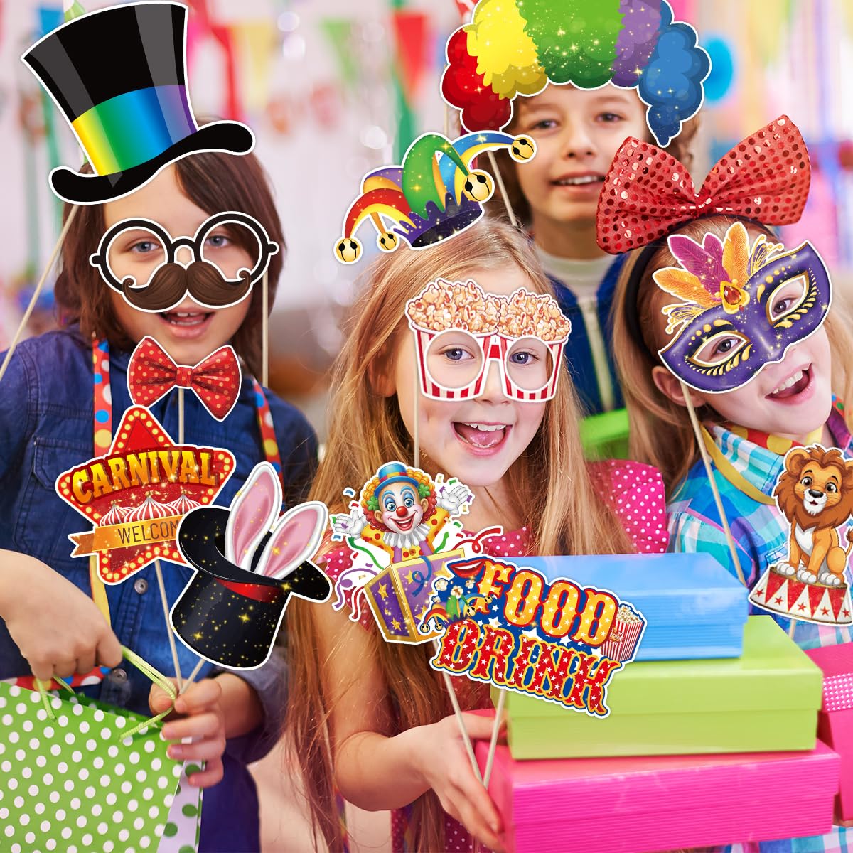 Accesorios para fotomatón de carnaval, 30 piezas de decoraciones de carnaval, decoraciones de fiesta temática de circo, accesorios divertidos para selfies para fiestas temáticas de circo
