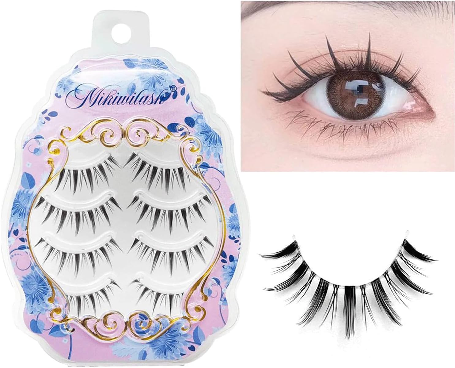 MIKIWI Manga Lashes Natural Look Japanese Style False Eyelashes 4 Pairs Spiky Anime Lashes Clear Band Cosplay Eyelashes