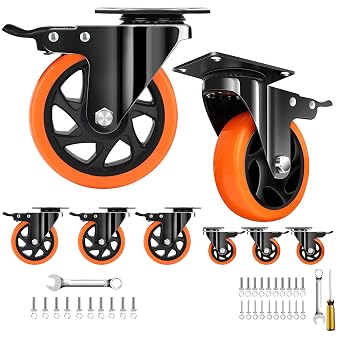 QNCZ Caster Wheels Bundle 4" & 5" Heavy Duty Silent Casters Set of 8, Locking Swivel Plate Casters for Furniture, Workbench, Cart, and Industrial Use, Durable PU Wheels with Floor Protection