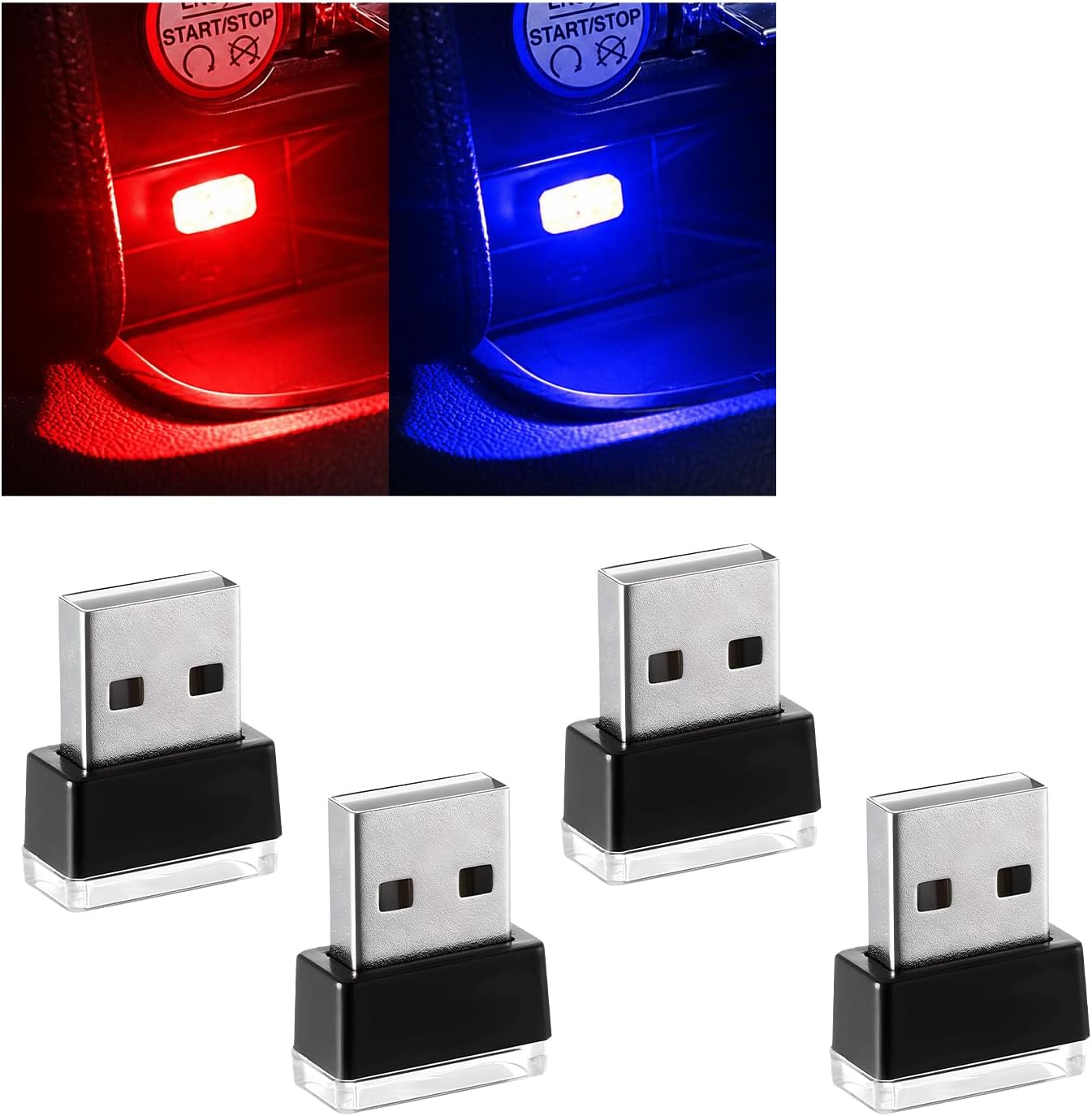 Augeny 4 PCS USB LED Car Interior Atmosphere Lamp, Plug-in USB Decor Night Light, Portable Auto Ambient Lighting Kit, Universal Vehicle Interior Accessories for Most Cars (Red & Blue)