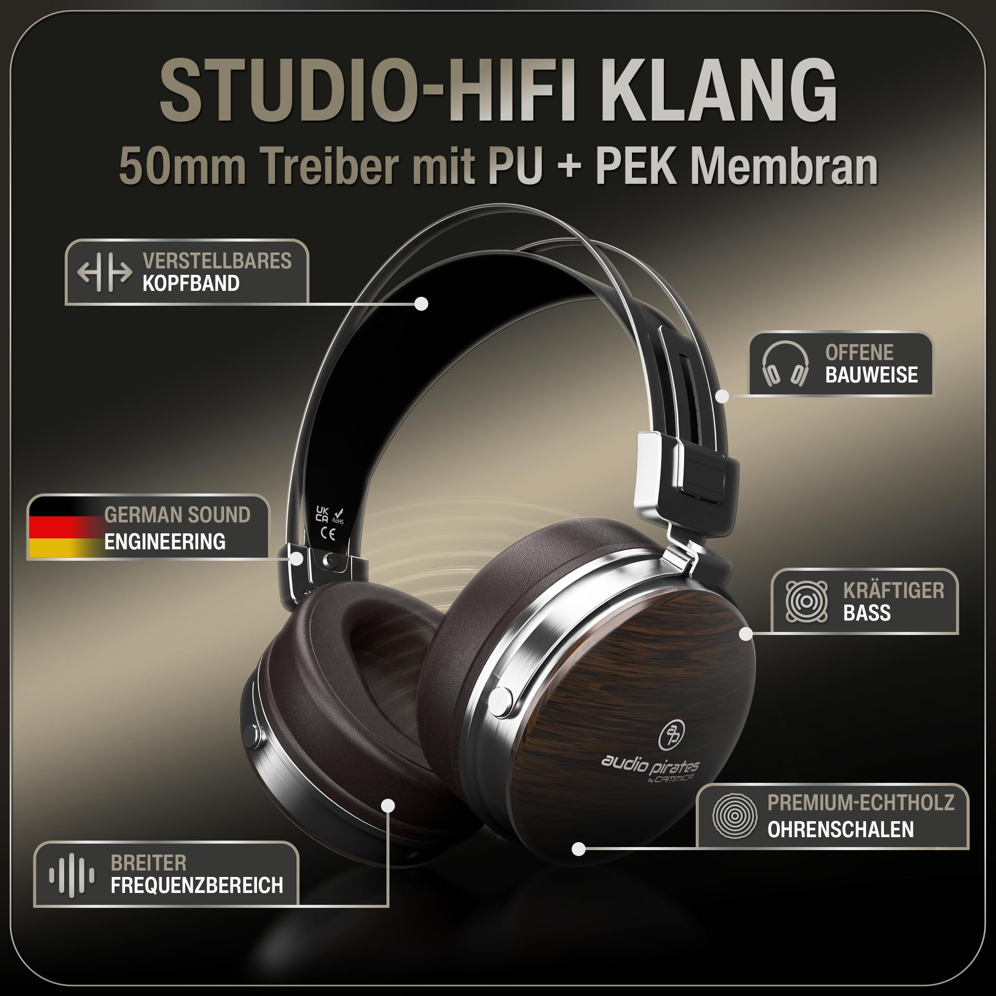 audio pirates Carlos Over-Ear HiFi-Kopfhörer aus Echtholz – Studio Monitor Kopfhörer kabelgebunden mit Mikrofon, inkl. Case, 1,5m & 3m Kabel, 6,3mm Adapter | Excellence Collection