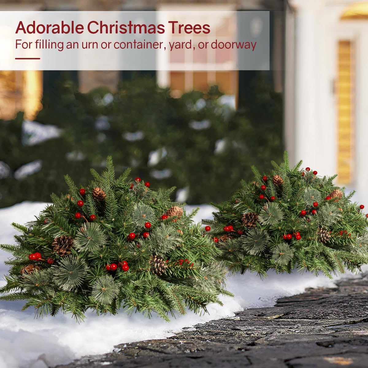 Somikis Set of 2 Outdoor Christmas Tree Urn Filler, Battery Operated Pre-lit Artificial Small Xmas Tree, w/LED Lights and Pine Cones & Red Berries, 22 Inch