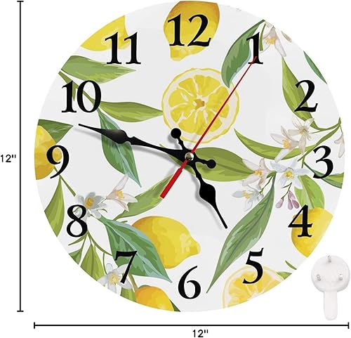 Miniatura 7 de Britimes Reloj de pared redondo silencioso sin tictac, funciona con pilas, 12 pulgadas, limón de verano, decoración del hogar para sala de estar,