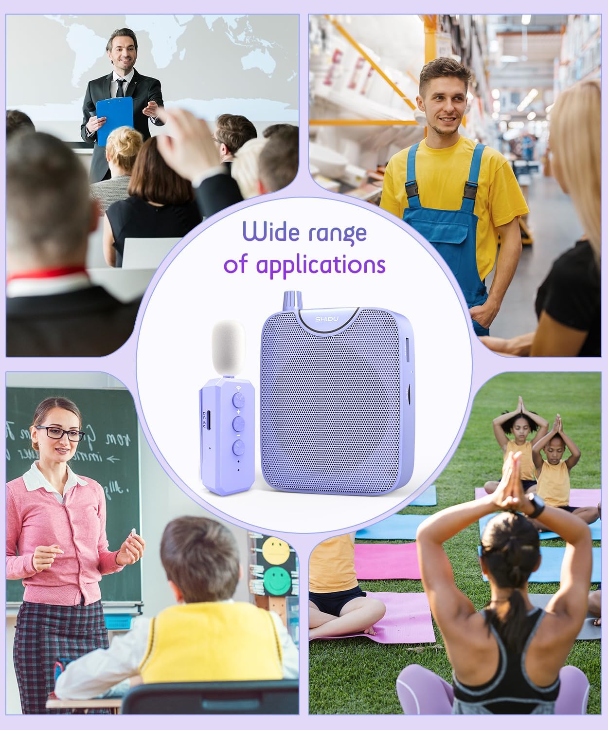 SHIDU 35W Power Voice Amplifier with Bluetooth Wireless Lavalier Microphone, Portable Teacher Mic with Speaker Personal Clip On Microphone System for Teacher Meeting Training-M500 (Purple) - Image 9