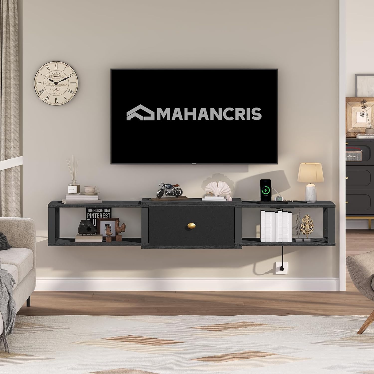 MAHANCRIS 63" Floating TV Stand with Power Outlet, Wall-Mounted TV Stand with Drawer, Floating Entertainment Center Media Console Shelf, for Under TV Storage, Living Room, Bedroom, Black TVBK202E01