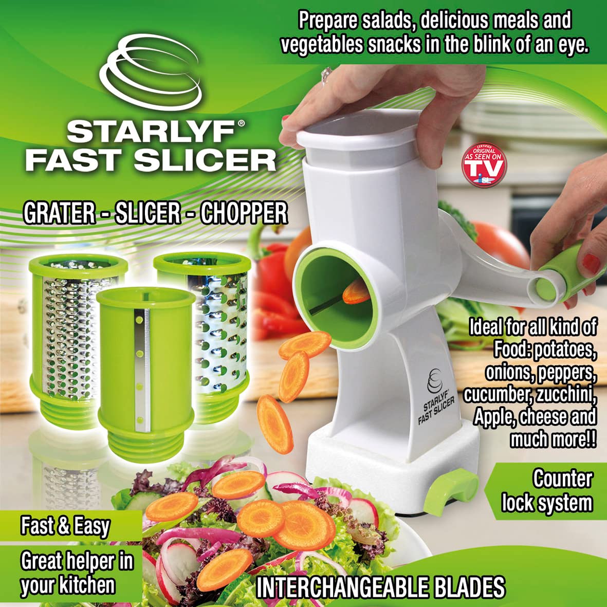 BEST DIRECT Starlyf fast slicer Comme vu à la TV Cheese Grater Trancheuse Légumes Multifonction Professionnelle – Coupe Légumes & Fruits avec Différentes Lames, Couteau en Acier