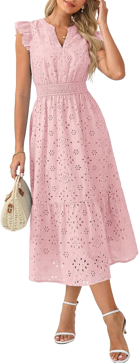 GRACE KARIN Womens Summer Boho Maxi Dress Casual 2026 Spring V Neck Eyelet Dresses Flowy Vacation Beach Sundress with Pockets