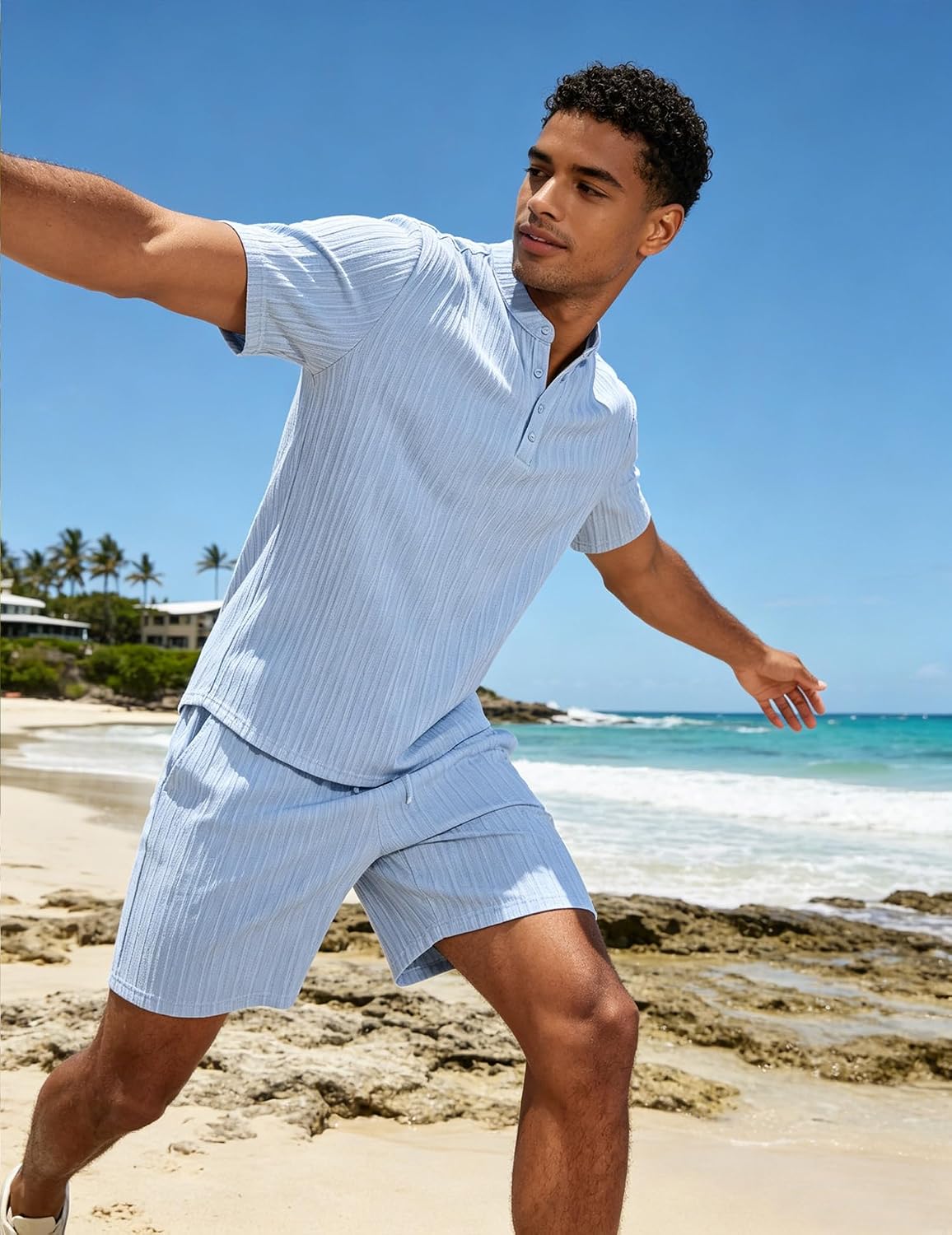 Men's Summer Beach Outfits 2 Piece Vintage Short Sleeve Henley Shirts and Shorts Vacation Texture Sets