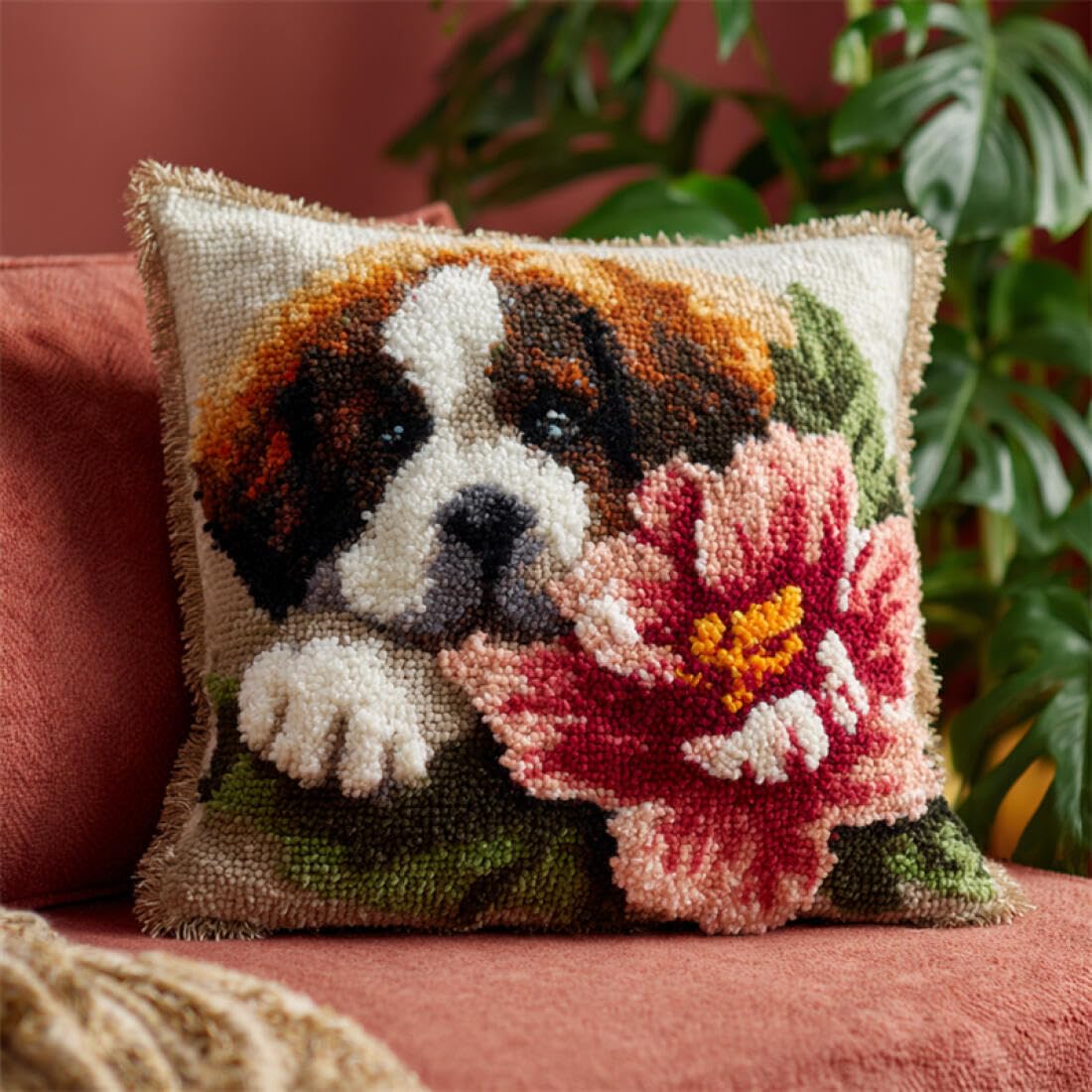Kitquiver Animal Latch Hook Craft Kits Saint Bernard Dogs and Flowers DIY Latch Hook Kits Pillow Needlepoint Cushion Kit for Home Décor Needlework Set for Adult Beginners 17x17In