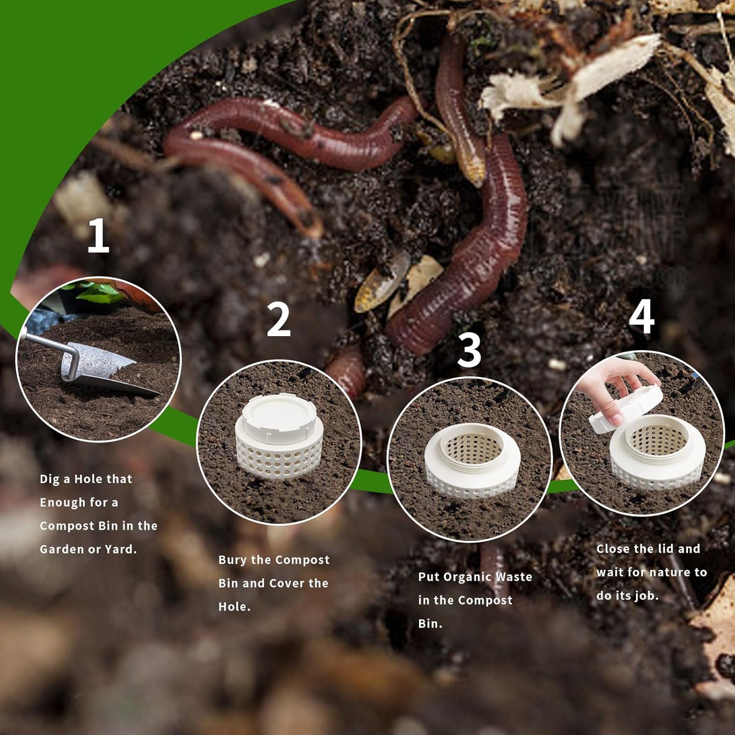 2-Piece Underground Compost Bin, Outdoor Plastic Worm Farm for Organic Waste with Lid and Ventilation Holes - Image 4