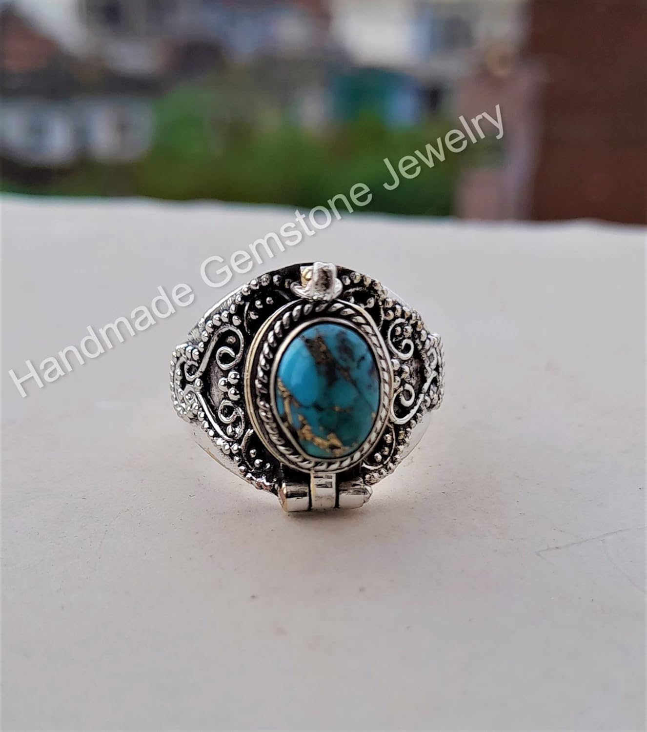 Blue Copper Turquoise Ring| Poison Pillbox Ring| Antique Poison Ring| Mojave Turquoise Ring| Oval Stone Ring| Openable Ring| Snuff Ring| Secret Message Ring| Turquoise Jewelry