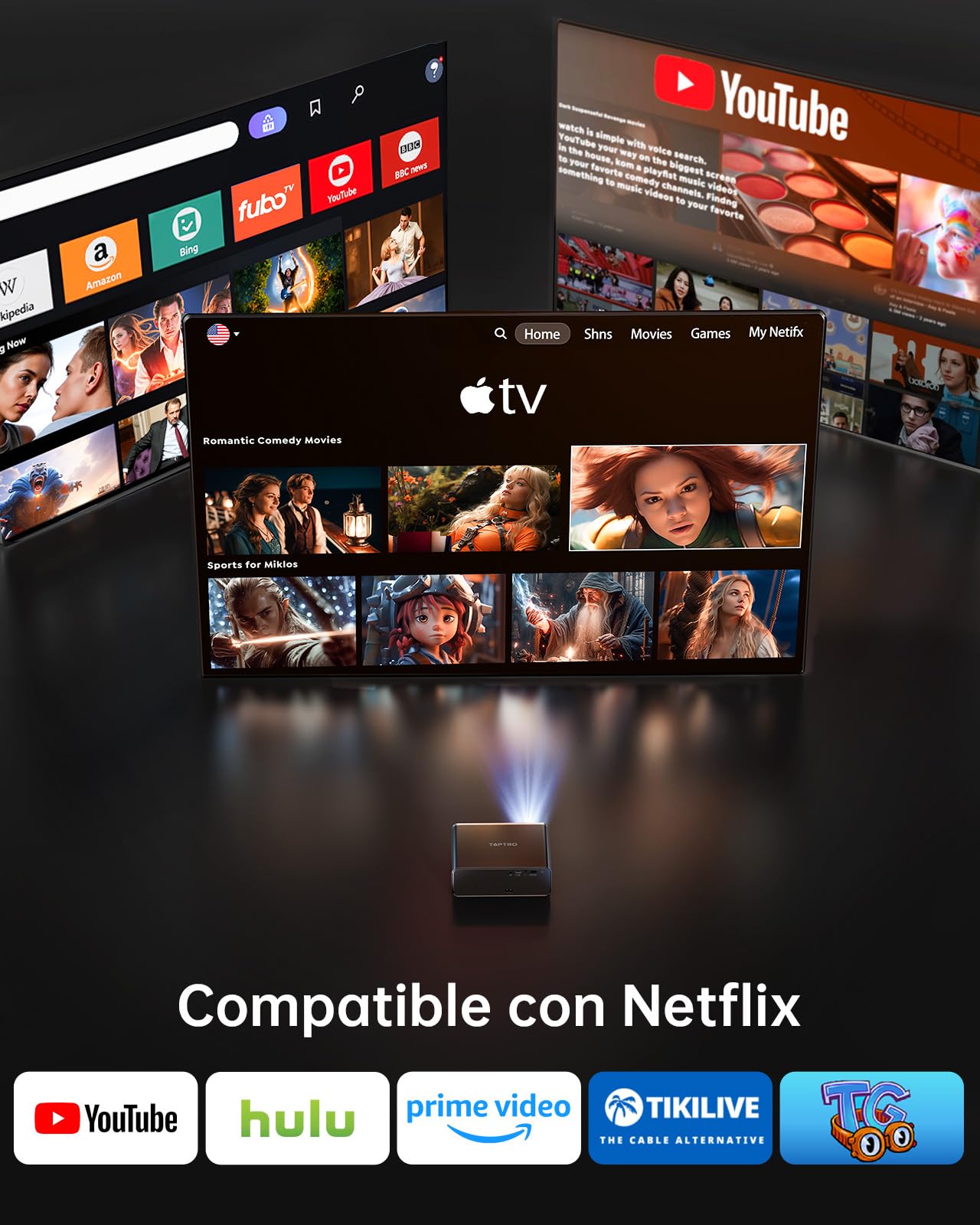 Proyector 4K【App Oficial Integrada/Dolby】 1000ANSI Smart Proyector Compatible con Netflix AI Auto Auto/Keystone, Proyector1080P Nativo WiFi 6 Bidireccional BT5.2 Zoom 50% para Cine en Casa/Exterior