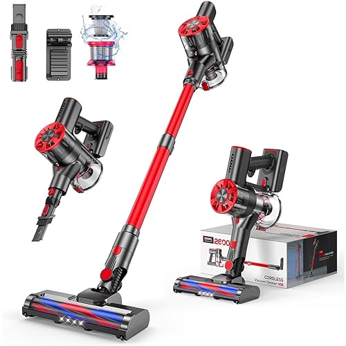 Cordless Vacuum Cleaner Rechargeable with 2600mAh Detachable Battery, Powerful Vacuums with 2 Adjustable Modes, Lightweight Portable Stick Vacuum for Home (Wine Red)