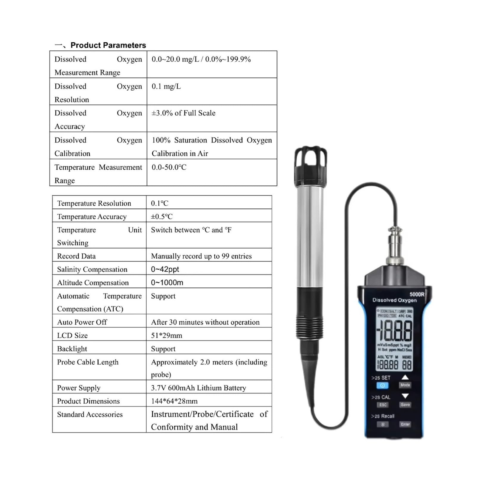 Tester dell'Acqua, Misuratore di Ossigeno disciolto for Tester della qualità dell'Acqua 0,0-20, /l con compensazione salinità e dell'altitudine