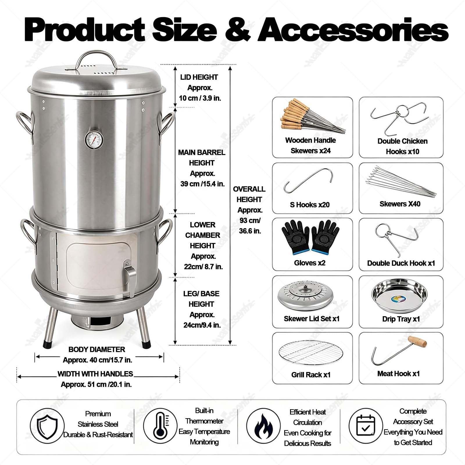 BBQ Portatile,Arrosto Sospeso Pollame Singolo,Affumicatore Verticale | Spiedini Circolari Sospesi,Grande Capacità a 360°,Forno Da Appendere Con Termometro Porta Centrale Barbecue All'aperto