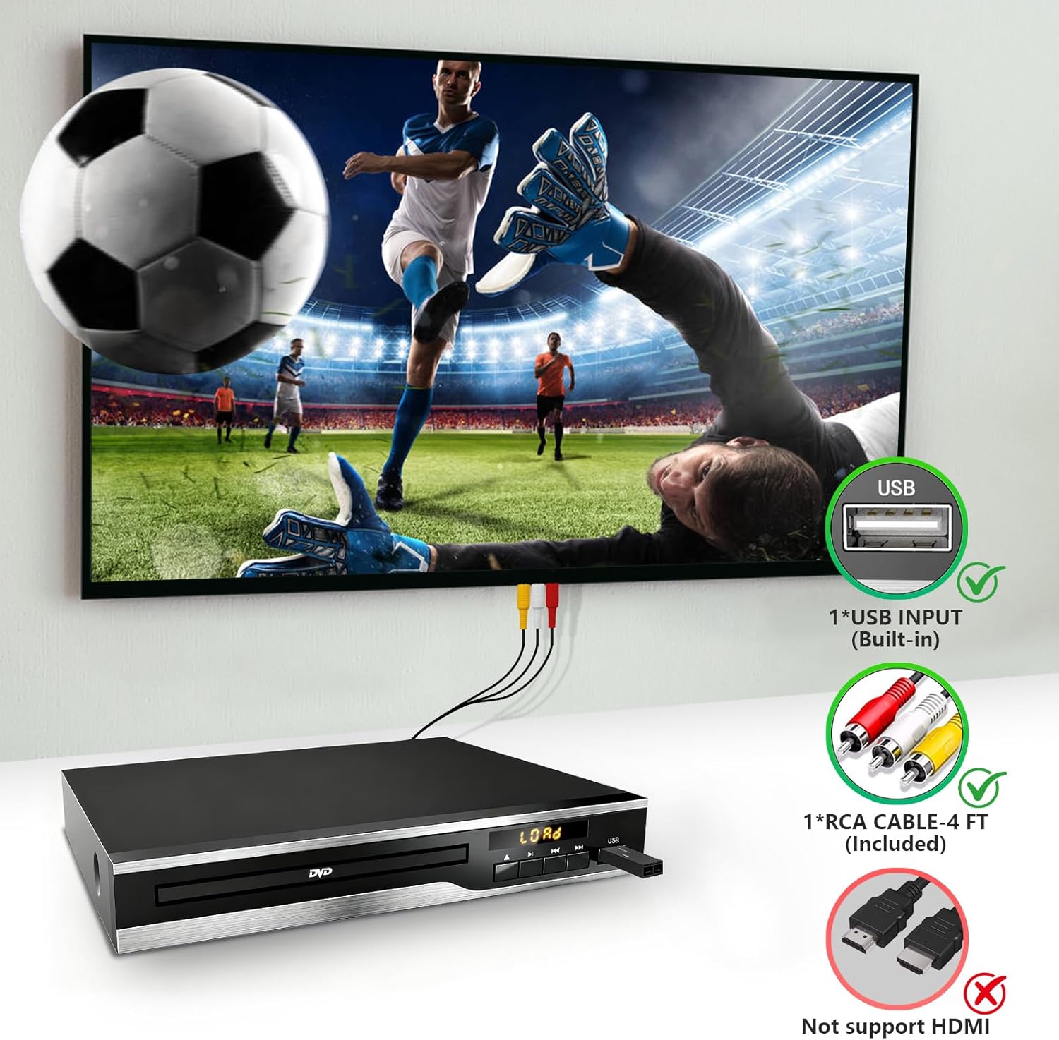 dvd player, region free dvd players for cd/dvd's, compact dvd player supports ntsc/pal system with rca stable outputs/usb 128g input, contains remote control and rca cable-not support hdmi