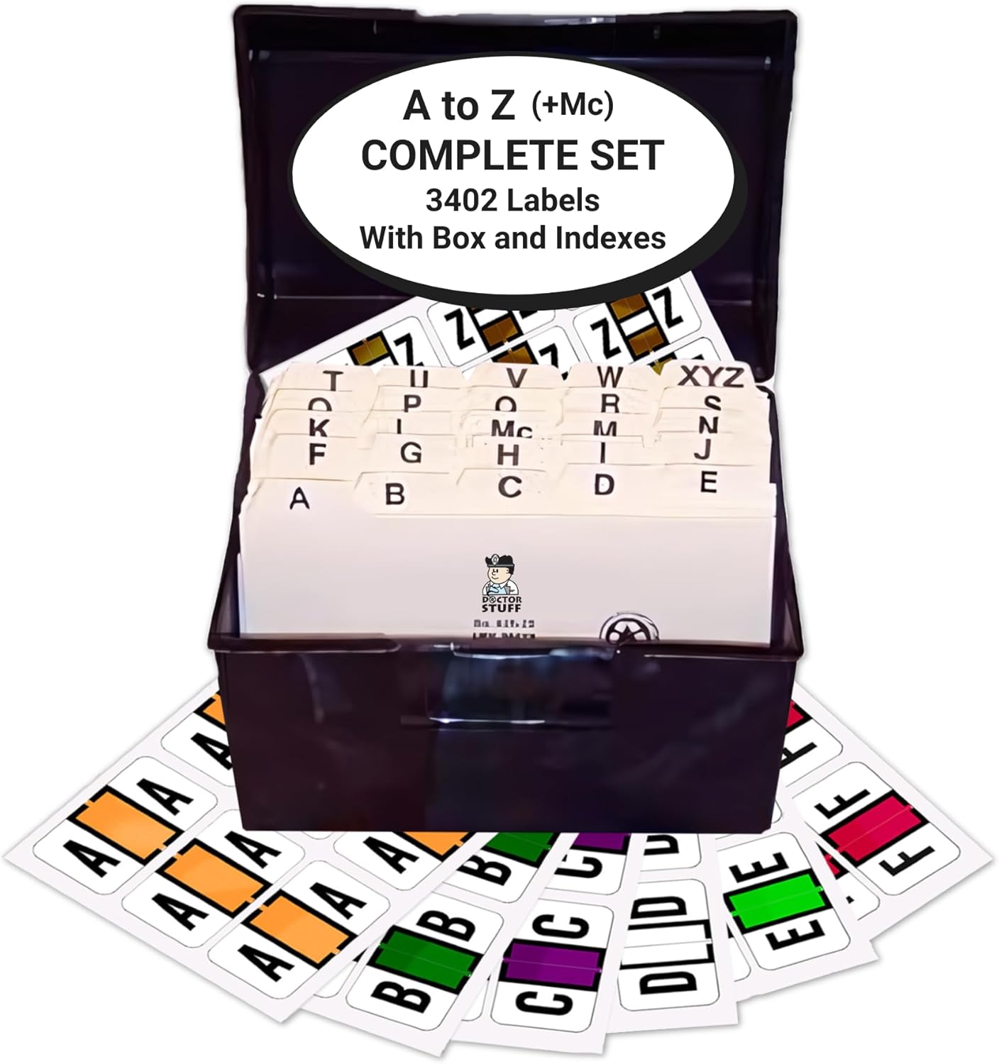 Alphabet Labels for File Folders, A to Z Plus Mc Complete Set with File Box and Indexes, Doctor Stuff, 126 Stickers of Each Letter, 3402 Labels, Jeter JTAM Series Compatible, Medical Chart Labels