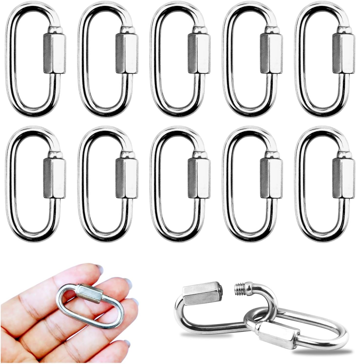 10 Pack 304 Stainless Steel M3.5 Chain Link, 1/8 Inch D Shape Locking Quick Chain Repair Links Pets Keychain for Outdoor Traveling Equipment