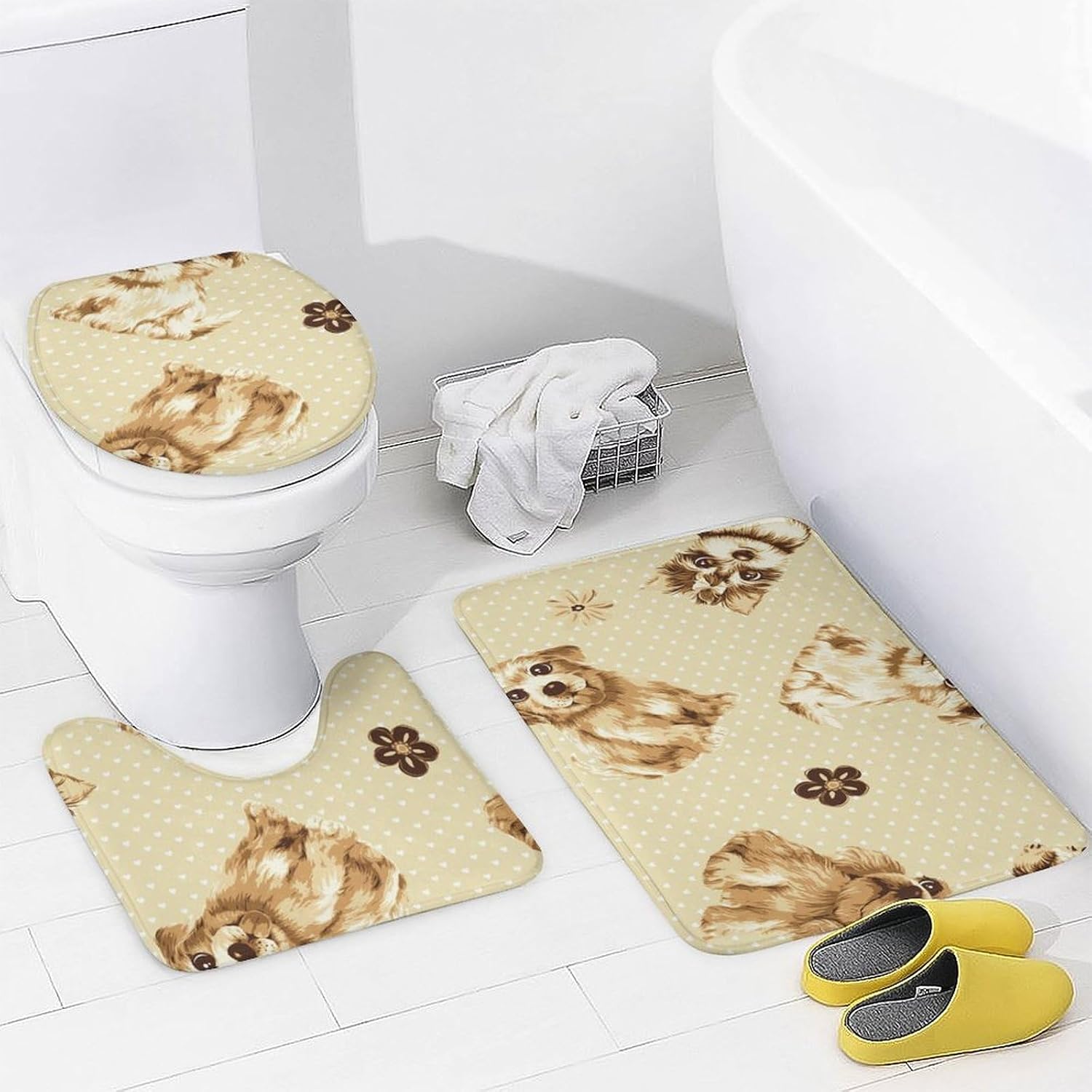 レトロ犬用バスルームセット 4ピースシャワーカーテン ノンスリップ 