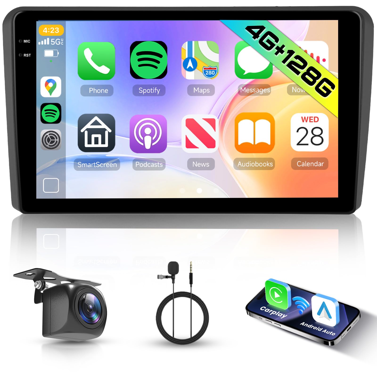 Hodozzy 4GB+128GB Android Autoradio für Audi A3 2003-2013/S3 8P 2006-2012/RS3 2011-2012 mit Carplay Wireless Android Auto, 9 Zoll InCell Touchscreen Radio mit GPS Navi Bluetooth DSP WiFi RDS, Kamera
