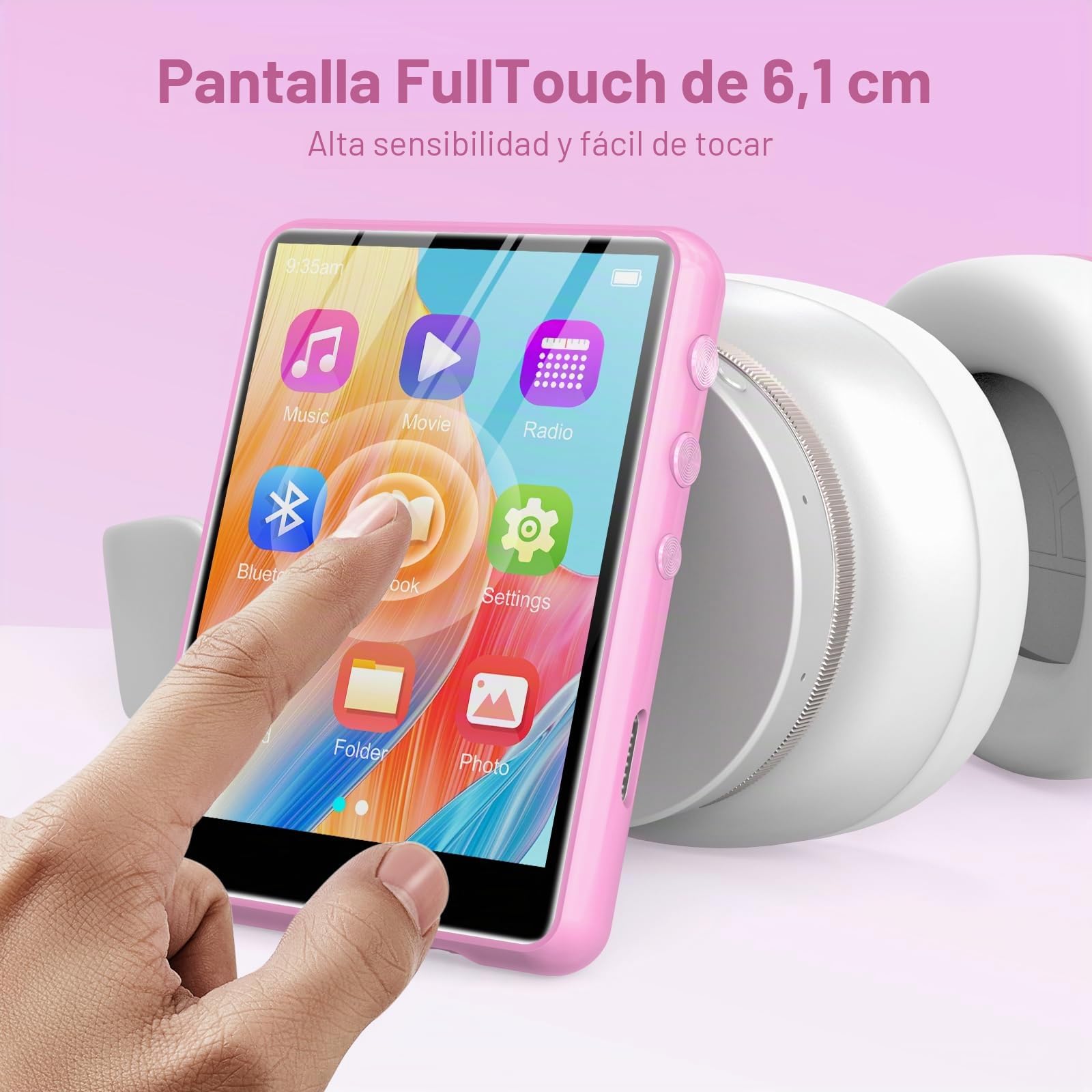 64 GB Reproductor MP3 Bluetooth 5.3, 2,4" Ecrã Tátil MP3 Reproductor Portátil com Altifalante Interior, Gravador De Voz, rádio FM, Suporte até 128GB (Rosa)