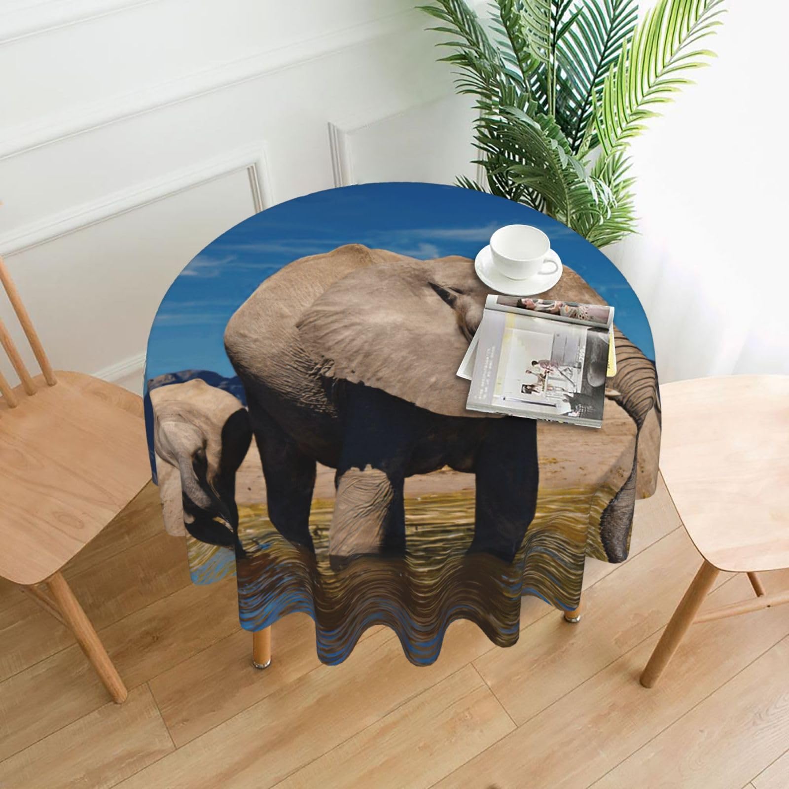 Uusnwaa Big Ears Elephant Print Round Tablecloth 60 Inch, Stain Wrinkle Resistant Washable Polyester Table Cover For Kitchen Party