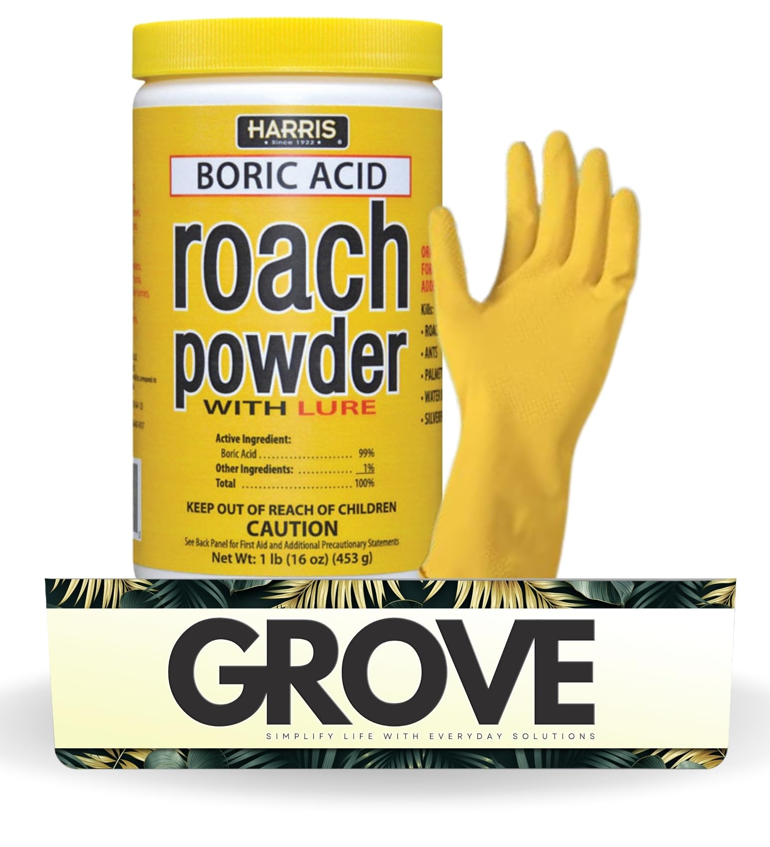 Harris Roach Killer Powder 16 oz Bundle with Pair of Gloves - Roach Killer for Indoor Infestation - Cockroach Repellent - Effective for Palmetto Bugs, Waterbugs, and Silverfish - (2 Items)
