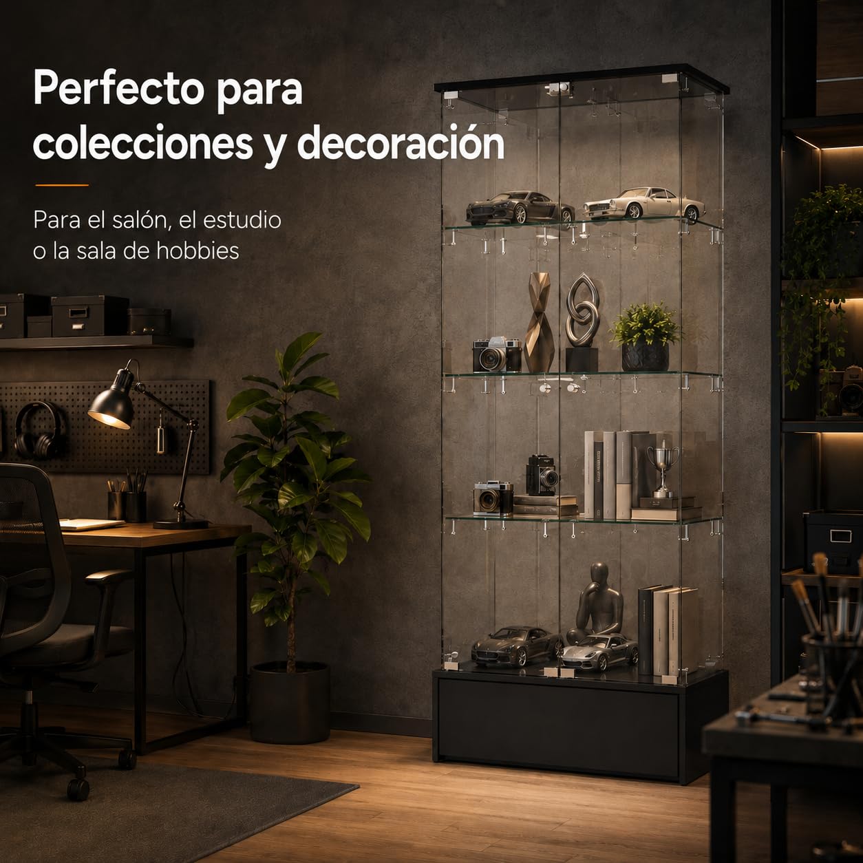 Vitrina de Cristal con Cajón Inferior, 4 Niveles, Estantes de Vidrio y Marco Negro, 69,9 x 35,3 x 179,8 cm, para Coleccionables, Figuras y Decoración
