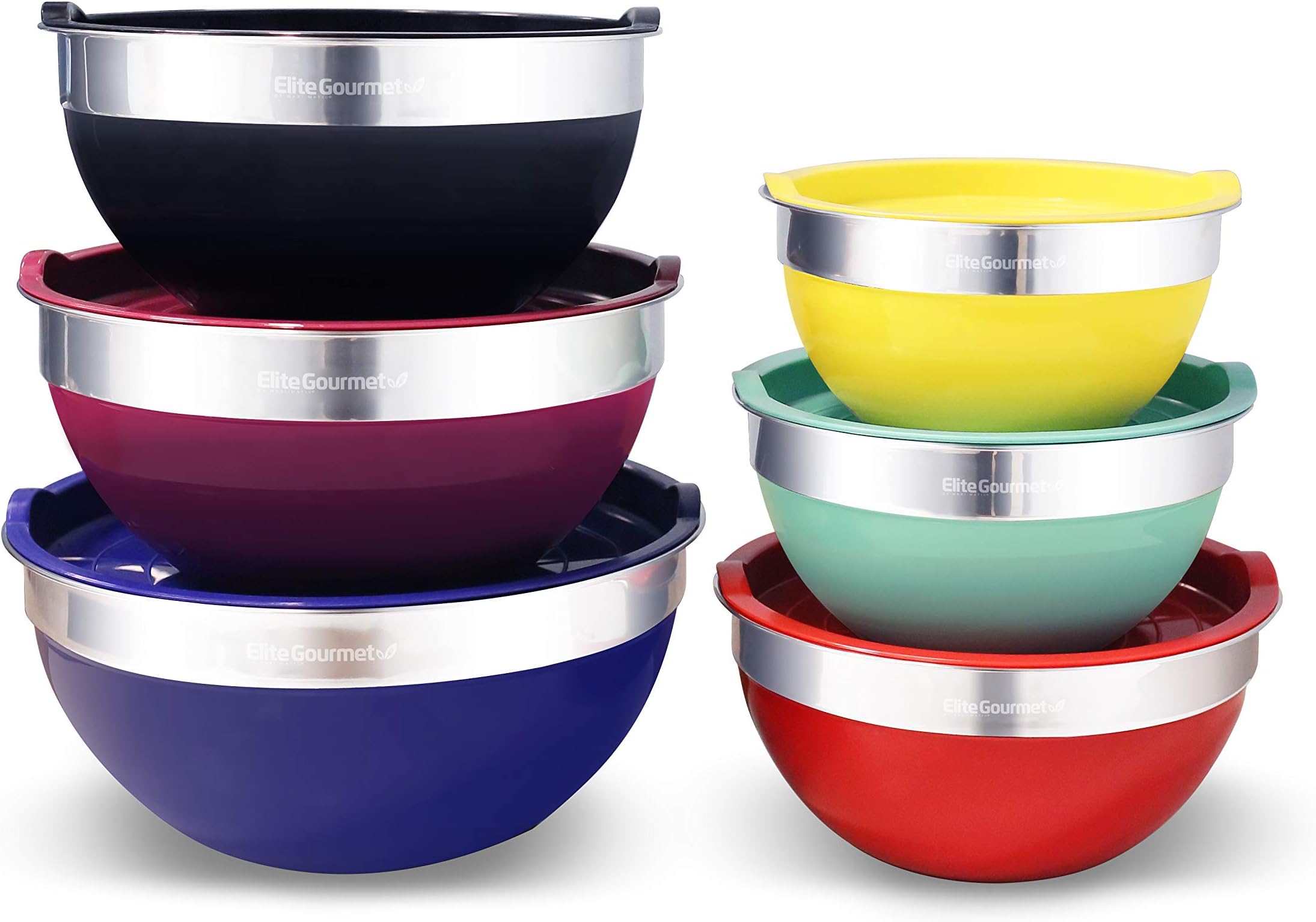 Elite GourmetEBS-0012#12-Piece Stainless Steel Interior Colored Stackable Nesting Mixing Bowls (Set of 6) Space Saving Food Storage, Baking, Melting Chocolate, Multi-Colors (EBS-0012#)